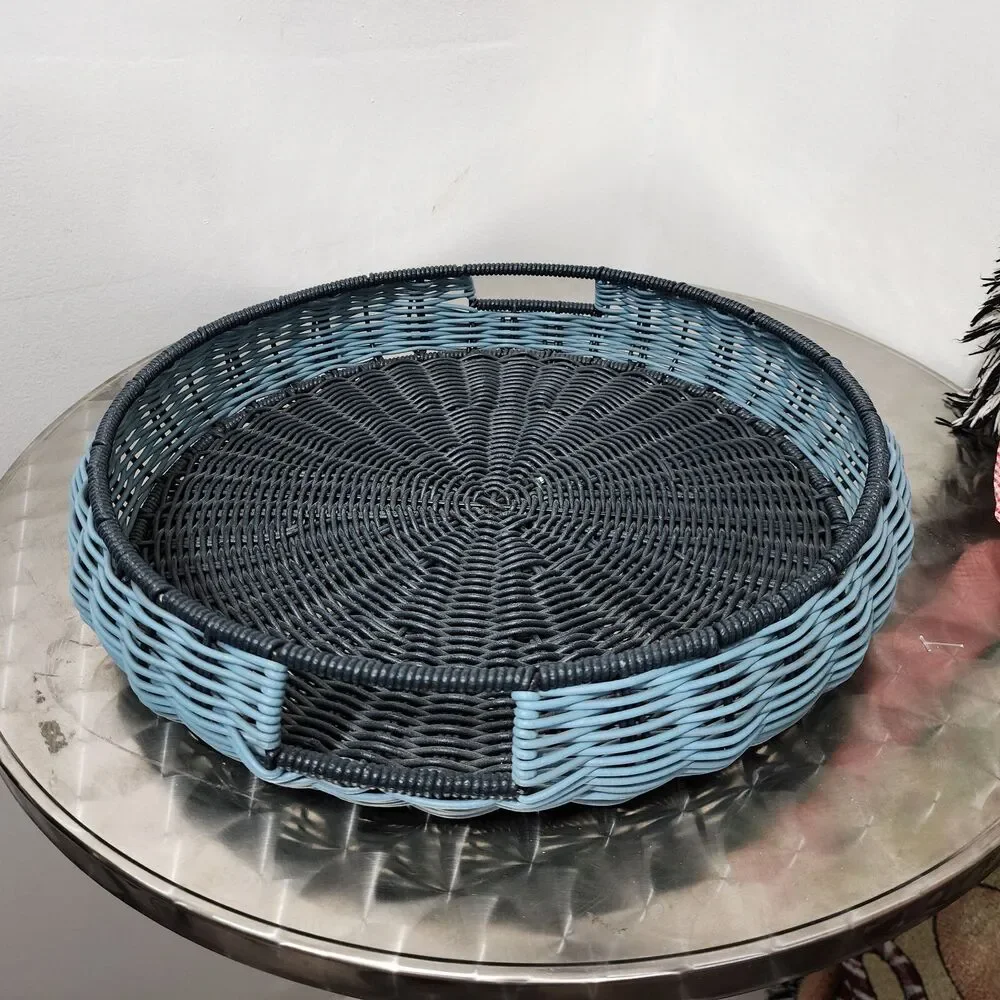 Round Two Tone Wicker Serving Tray Cutout Handles Blue Black Rattan Basket 14 in
